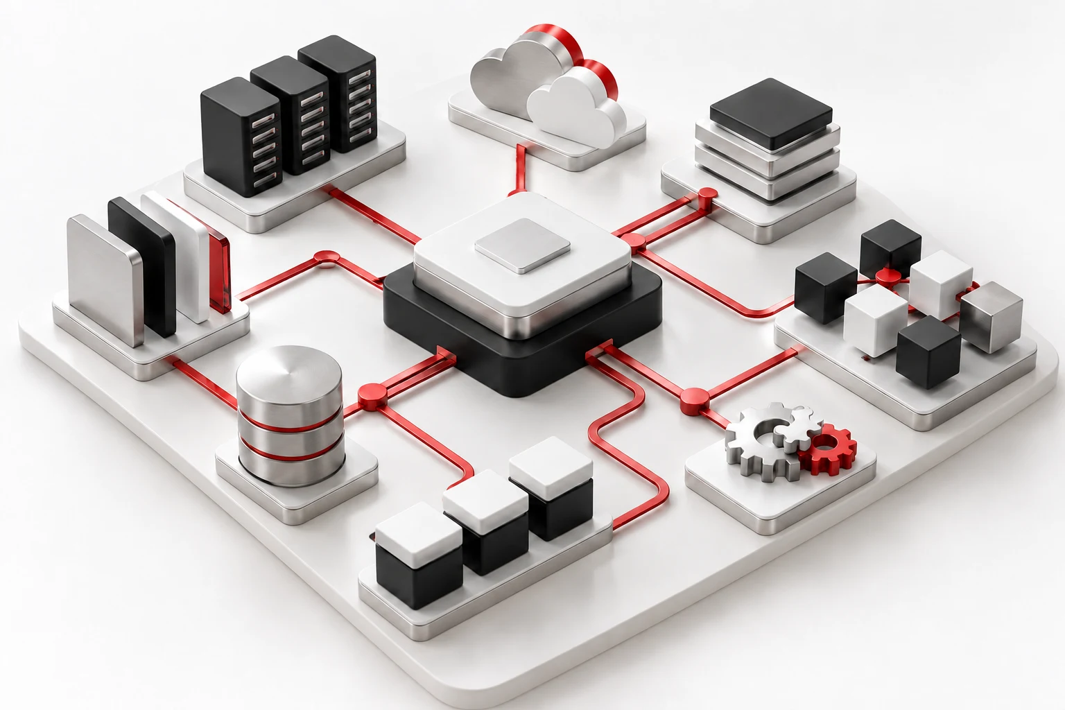 Connected architectural blocks illustrating integrated technology systems