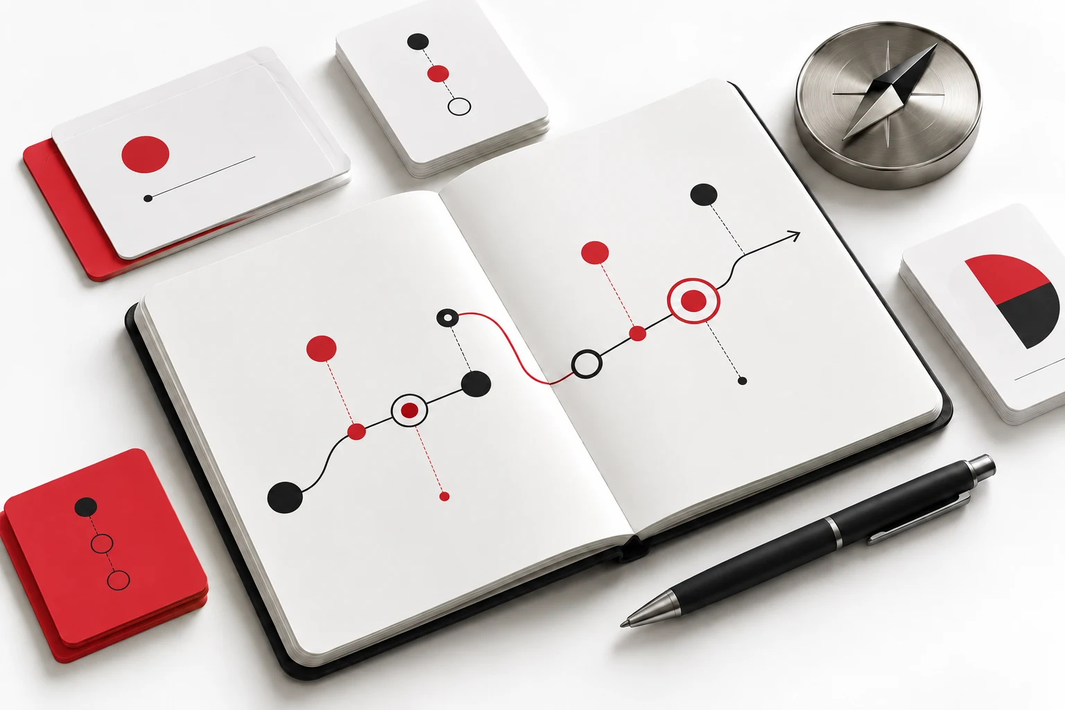 Technology roadmap notebook with red and charcoal planning materials