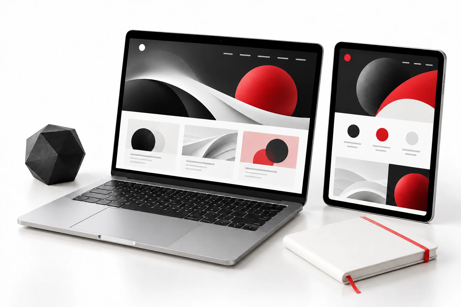 Laptop and tablet displaying a coordinated red and charcoal website design